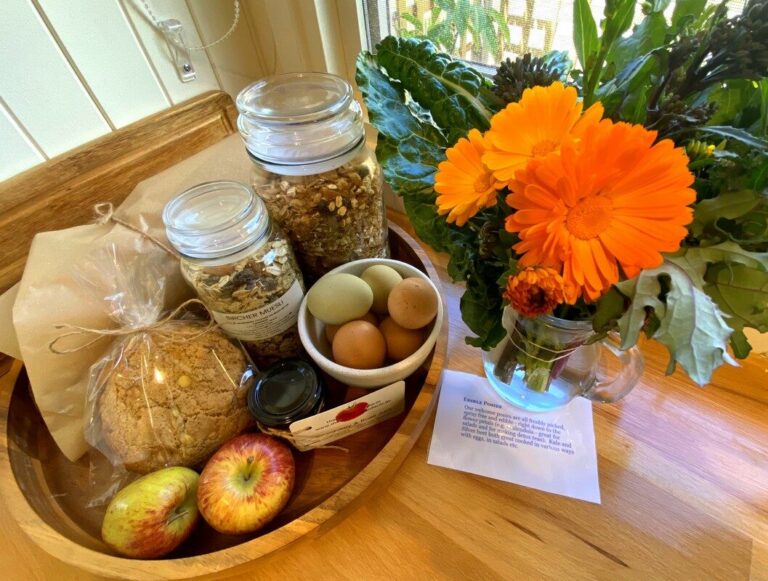 Farmstay Breakfast with fresh eggs, bread, jam, cookies, organic bircher muesli and an edible posie with greens and edible flowers from the farm garden.