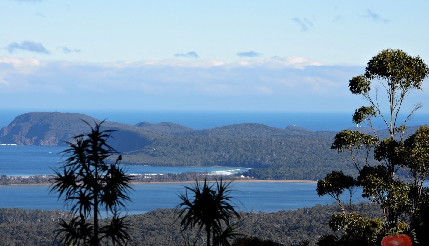Panoramic view over lagoon and ocean from South Bruny Lookout, Bruny Island Tasmania near The Little Garden Farm accommodation
